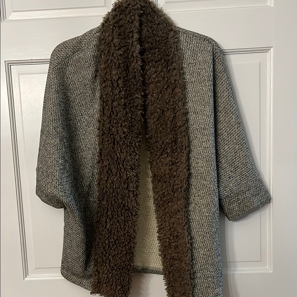 Karlie Cozy Gray Knit Cardigan with Brown Faux Fur Trim